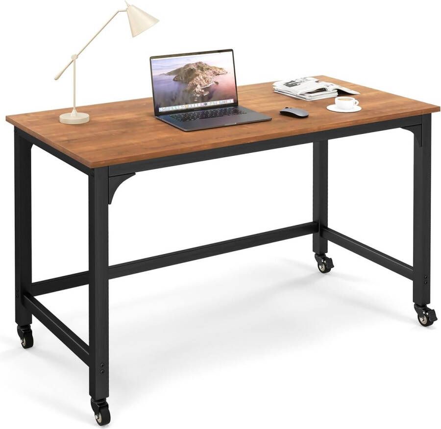 Bureau met wieltjes computertafel met metalen frame werktafel met 4 wielen bureautafel oprolbaar pc-tafel 120 x 60 x 76 cm teak