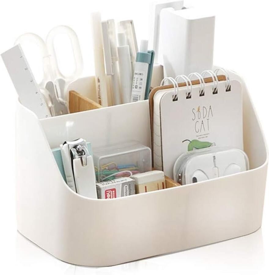 Bureau opbergdoos brengen 5compartimenten Kantoorbenodigdhedenopslag en accessoires make-upborstelhouder Pen potloodhouder Afstandsbedieningsbeugel Met verwijderbare houten schotten
