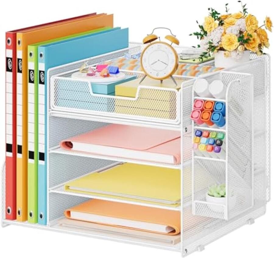 Bureau Organizer 4-Laags Papierbakken met 1 Hangende Pennenhouder en 6 Verdeelde Lade Opbergrek van Gaas voor Papieren Documenten Bureau Tijdschriftenhouder voor Thuiskantoor (Wit)