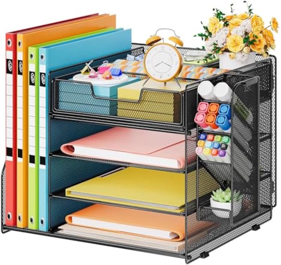 Bureau Organizer 4-Laags Papierbakken met 1 Hangende Pennenhouder en 6 Verdeelde Lade Opbergrek van Gaas voor Papieren Documenten Bureau Tijdschriftenhouder voor Thuiskantoor (Zwart)