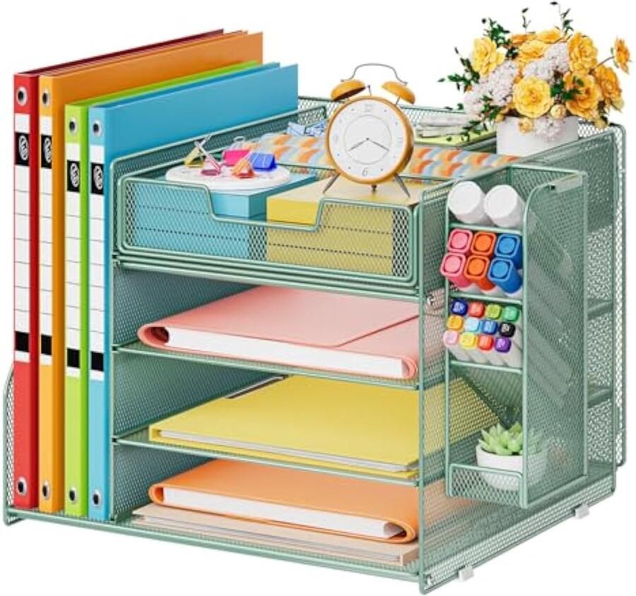 Bureau Organizer 4-Laags Papierbakken met 1 Hangende Pennenhouder en 6 Verdeelde Lade Opbergrek van Gaas voor Papieren Documenten Bureau Tijdschriftenhouder voor Thuiskantoor (Groen)