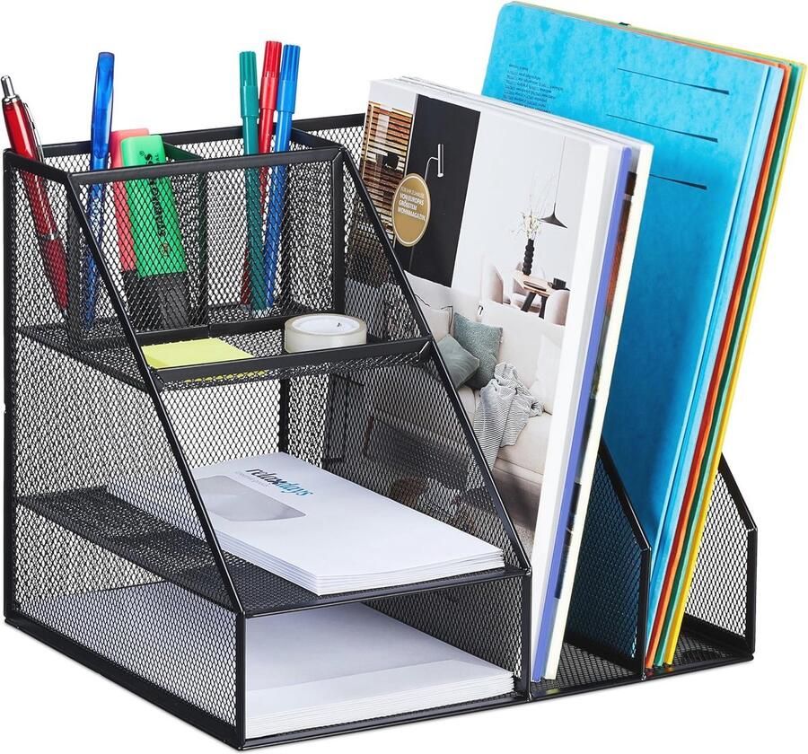 Bureau Organizer met 7 Vakken en Tijdschriftencassette Zwart Metaal