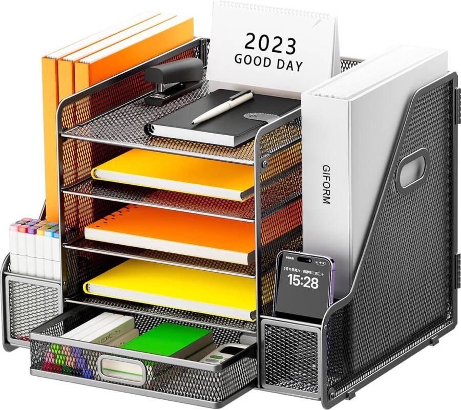 Bureau-organizer met akthouder 5-traps papieren organizer met lade mesh bureau-documentenorganizer met tijdschriftenhouder voor kantoor organizer bureau (zwart)
