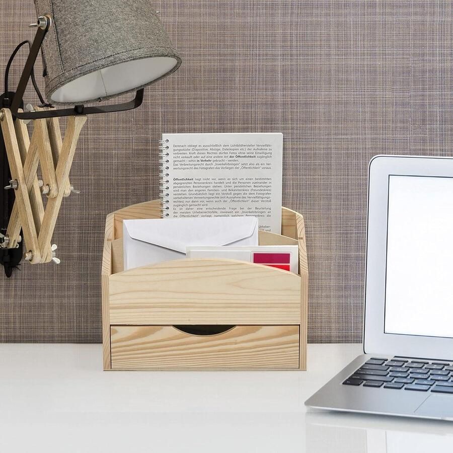 Bureau organizer met lade Grenenhout 2 vakken Uitneembare scheidingswand Documentenhouder Postvak 25 x 10 x 20 cm