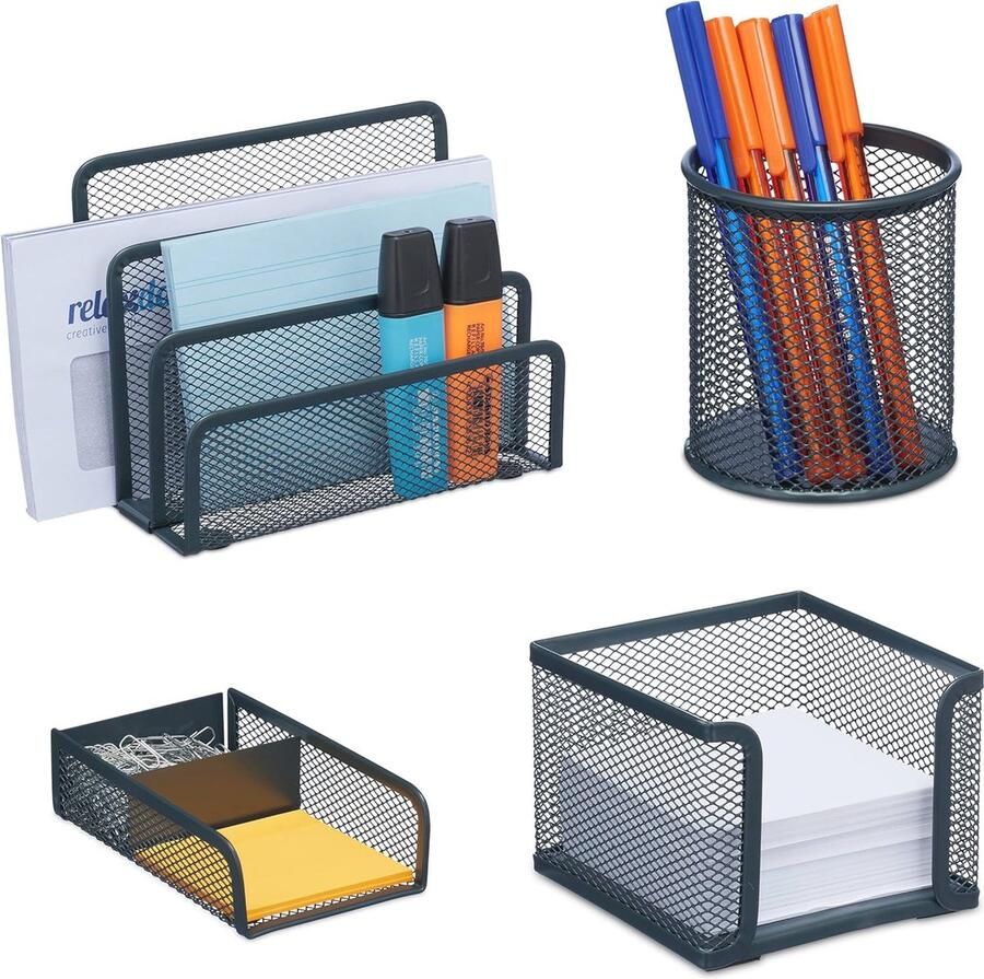 Bureau Organizer Set 4-delig Documentenhouder Memokubus Papercliphouder en Pennenbak Zwart