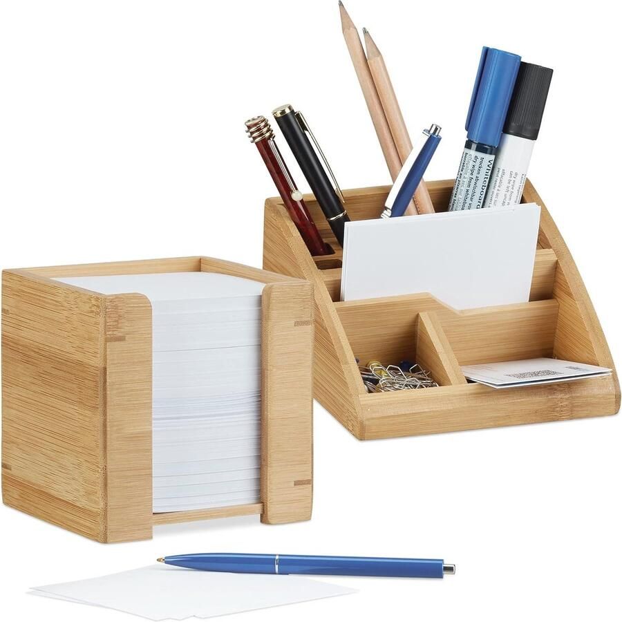 Bureau Organizer Set Pennenbak en Memohouder met 900 Vellen Bamboe 10 5x10 5 cm