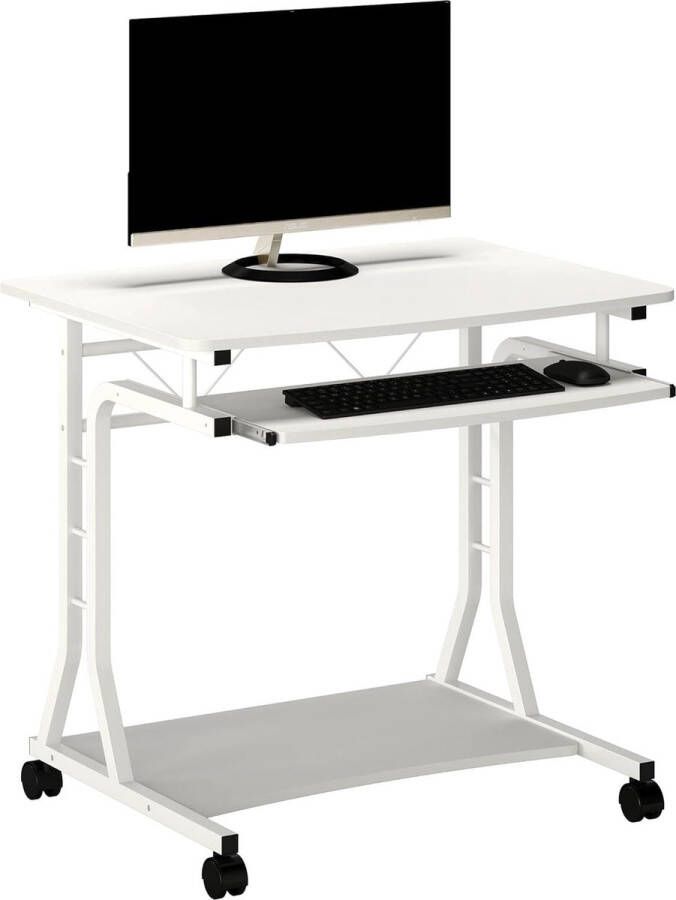 Bureau rolbare pc-tafel rolwagen klein computerbureau op wielen 80 x 60 cm wit