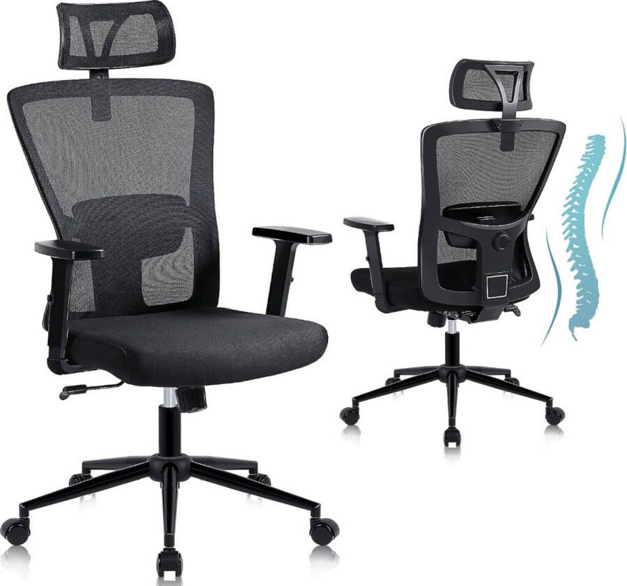 Bureau Stoel Met Verstelbare Hoofdsteun En Armleuning Hoge Rugleuning Zwart