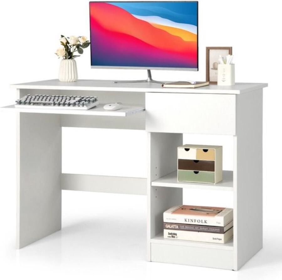 Bureau Toetsenbord Houder 2 Opbergplanken Lade 108x48x75 cm Kabelgoot Gaming Bureau Slaapkamer Kantoor