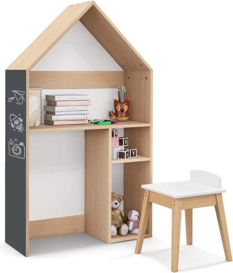 Bureau voor kinderen in huisvorm kinderbureau met stoel en tafel en planken kindertafel van hout schrijftafel voor tekenen en lezen 73 x 30 x 130 cm