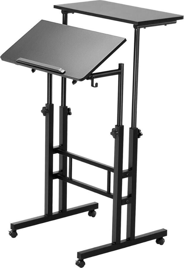 Bureau Zit sta bureau In hoogte verstelbaar Laptoptafel Gasveer systeem Ergonomisch Op wielen met slot Kantelbaar blad- Zwart