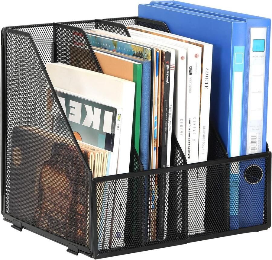 Bureaublad Tijdschriftenhouder met Binder Organisator en Archiefrek Bureau Netjes voor Kantoor Literatuur en Documenten Metalen Mesh Zwart 4 Compartimenten