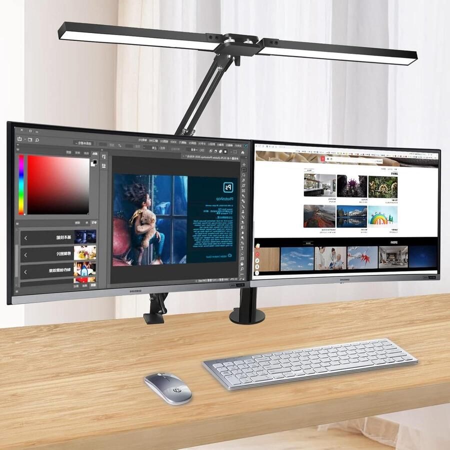 Bureaulamp dubbele kop LED 24 W 30 inch breed flexibele zwenkarm 3 kleurmodi 10 helderheidsniveaus werkbanklezen 1300LM