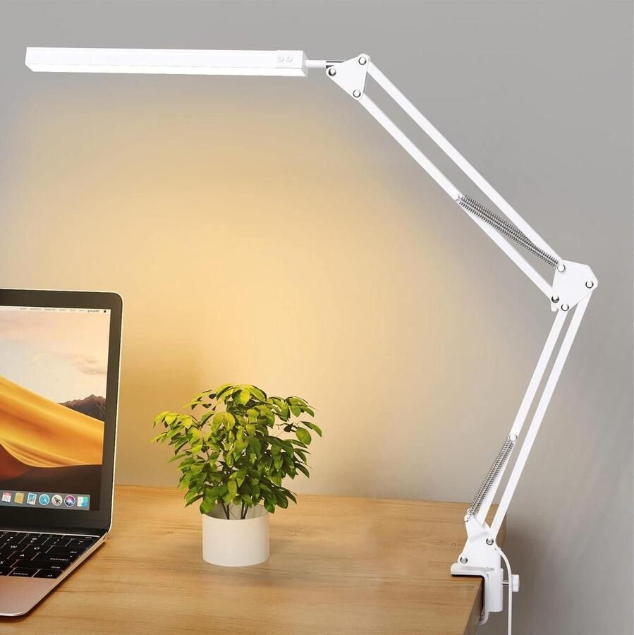 Bureaulamp met Klem Oogbeschermende LED Lamp Verstelbare Werklamp 3 Lichtstanden 10 Helderheidsniveaus Wit