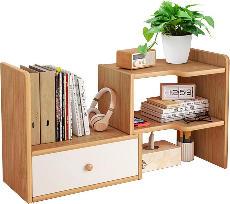 Bureauplank desktop-boekenplank houten bureaurek doe-het-zelf tafelrek opbergplank boekenrek kleine bureauorganizer boekenkast voor slaapkamer kantoor (houtkleur C)