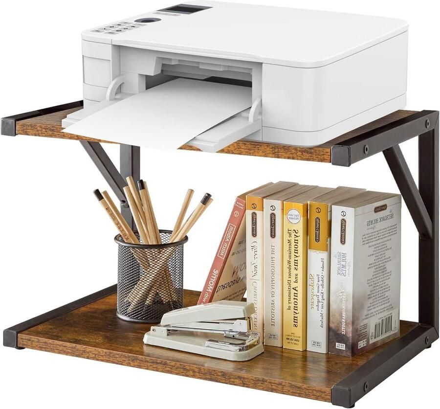 2-Tier Desktop Printer Standhouder Multifunctionele Bureau Organizer Opbergplank Boekenplank Printer Plank voor Faxmachine Scanner Bestanden Boeken Magnetron Rustiek Bruin