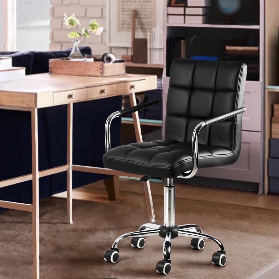 Bureaustoel draaistoel bureaukruk met wielen werkkruk met afneembare armleuningen in hoogte verstelbaar 48-62 cm van kunstleer zwart