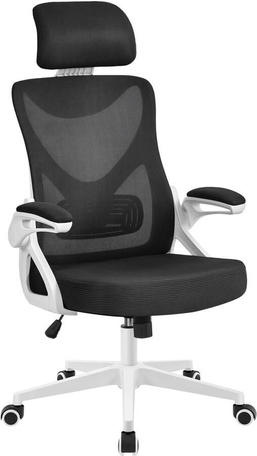 Bureaustoel ergonomisch bureaustoel met opklapbare armleuningen draaistoel met rugleuning en verstelbare hoofdsteun tot 136 kg belastbaar wit zwart