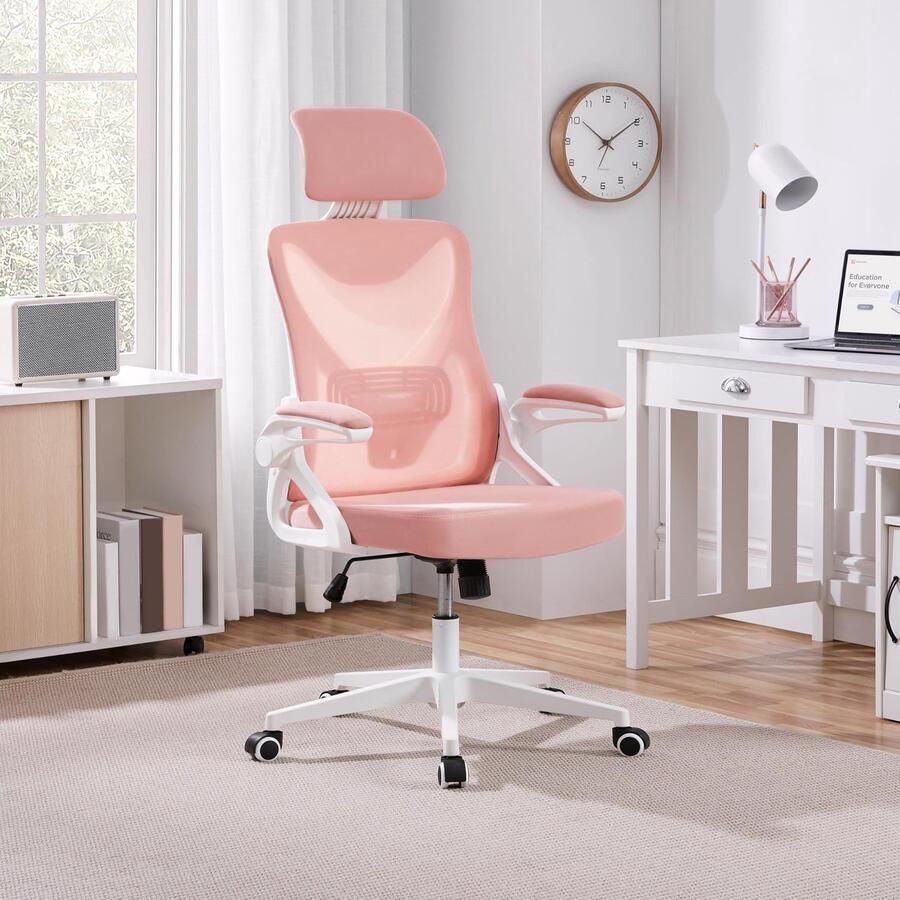 Bureaustoel ergonomisch bureaustoel met opklapbare armleuningen draaistoel met rugleuning en verstelbare hoofdsteun tot 136 kg belastbaar wit roze