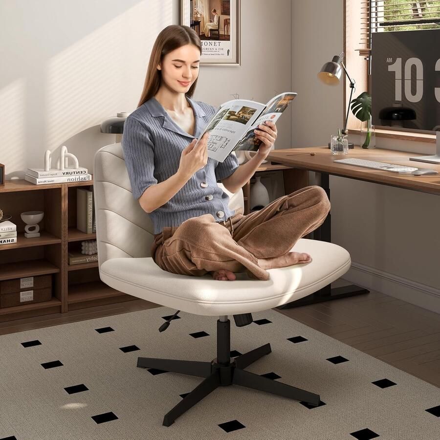 Bureaustoel ergonomisch met breed zitkussen in hoogte verstelbaar draaistoel kleermakersstoel stoel voor kantoor en slaapkamer beige