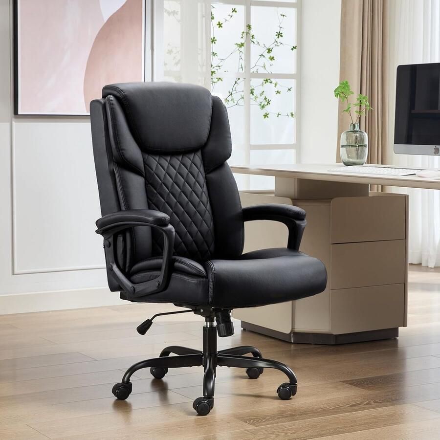 Bureaustoel Ergonomische bureaustoel Directiestoel met Gevoerde Armleuningen Hoge Rugleuning en Hoogte Verstelbaar Schommelfunctie Computerstoel voor Kantoren Woningen Draaistoel Zwart