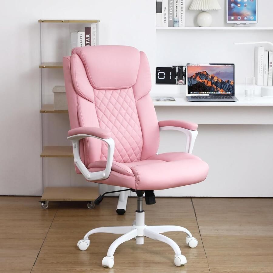 Bureaustoel ergonomische bureaustoel directiestoel met gewatteerde armleuningen hoge rugleuning en in hoogte verstelbaar schommelfunctie computerstoel voor kantoren woningen draaistoel roze