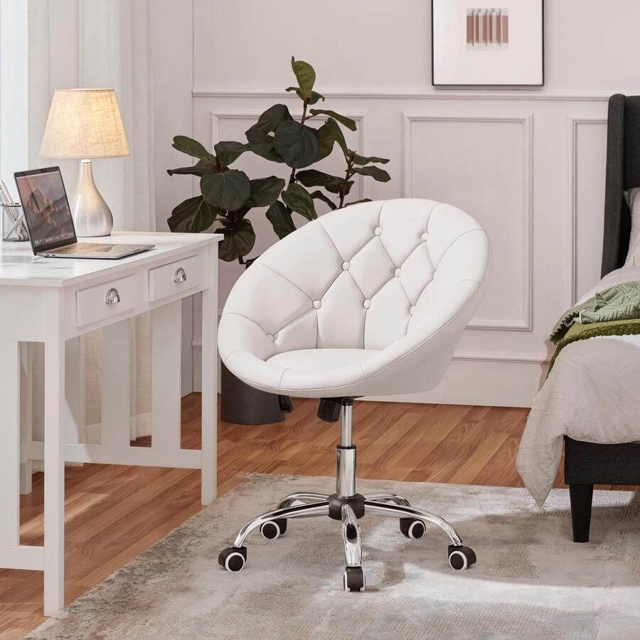 Bureaustoel ergonomische bureaustoel in hoogte verstelbaar voor thuiskantoor met getufte zitting gestoffeerde stoel ronde draaistoel voor slaapkamer kantoor woonkamer wit
