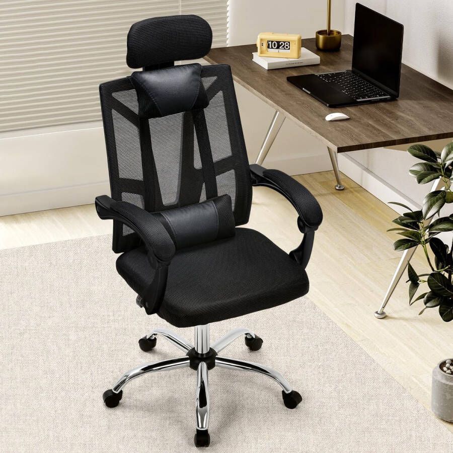 Bureaustoel ergonomische bureaustoel met armleuningen managersstoel van netstof met verstelbare hoofdsteun lendensteun draaistoel met wieltjes computerstoel tot 150 kg zwart