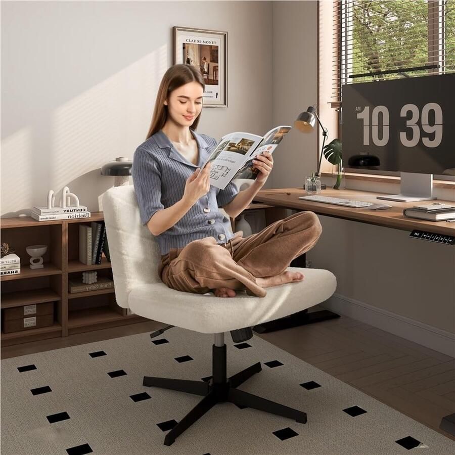 Bureaustoel ergonomische bureaustoel met breed zitkussen in hoogte verstelbaar draaistoel met gemiddelde rugleuning kleermakersstoel stoel voor kantoor en slaapkamer ivoor