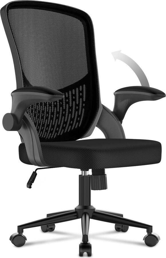 Bureaustoel Ergonomische bureaustoel met omkeerbare armleuning Lendensteun In hoogte verstelbaar Ademende Mesh Zitting Geschikt voor thuiskantoor lezen Zwart