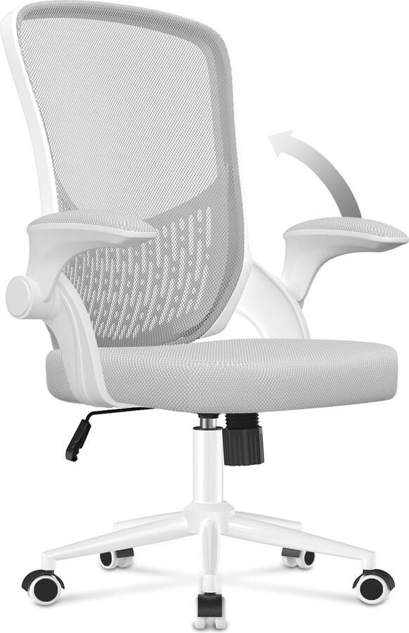 Bureaustoel Ergonomische bureaustoel met omkeerbare armleuning Lendensteun In hoogte verstelbaar Ademende Mesh Zitting Geschikt voor thuiskantoor lezen Grijs