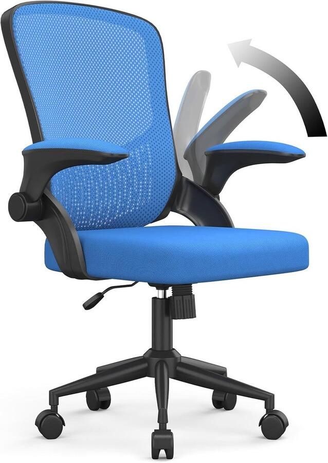 Bureaustoel Ergonomische bureaustoel met omkeerbare armleuning Lendensteun In hoogte verstelbaar Ademende Mesh Zitting Geschikt voor thuiskantoor lezen Blauw