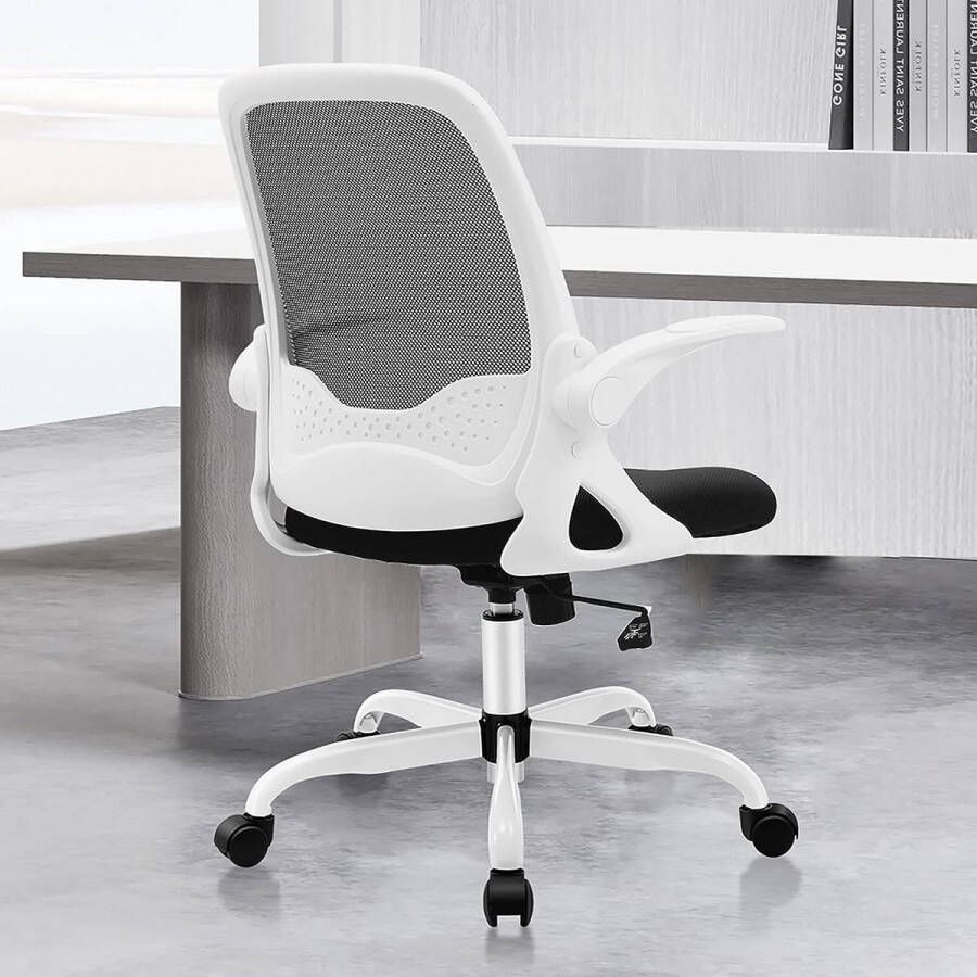 Bureaustoel ergonomische bureaustoel met opklapbare armleuningen mesh computerstoel werkstoel lichtgewicht stoel 360° draaistoel 933 wit