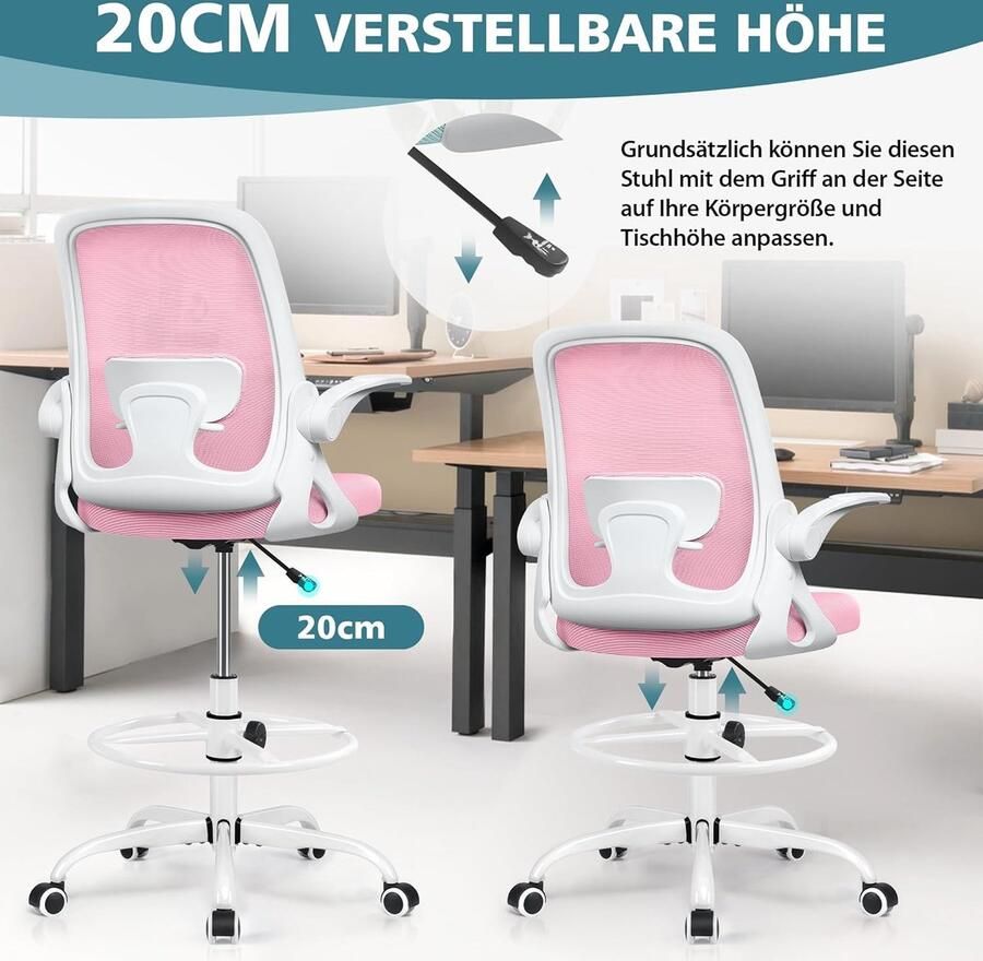 Bureaustoel ergonomische bureaustoelen met lendensteun en flip-up-armen comfortabele en ademende mesh-computerstoel verstelbare zithoogte thuiskantoor bureaustoel roze