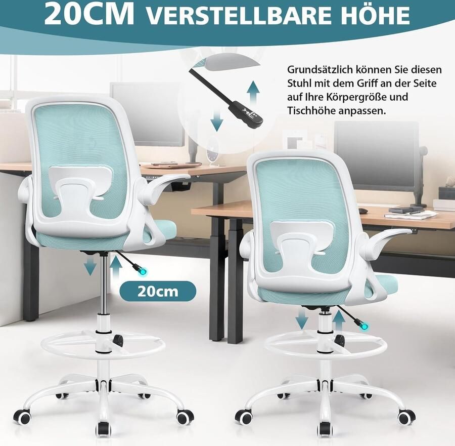 Bureaustoel ergonomische bureaustoelen met lendensteun en flip-up-armen comfortabele en ademende mesh-computerstoel instelbare zithoogte thuiskantoor bureaustoel lichtblauw