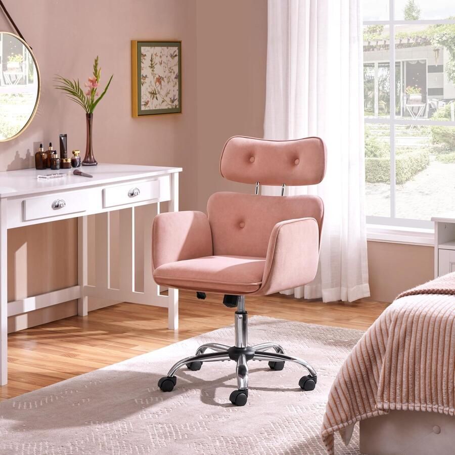 Bureaustoel ergonomische make-uptafel stoel met in hoogte verstelbare hoofdsteun bureaustoel met wielen thuiskantoorstoel armleunstoel mobiele gestoffeerde stoel roze