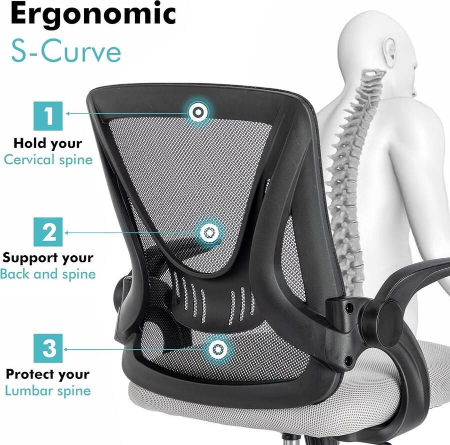 Bureaustoel ergonomische mesh-stoel met 90° opklapbare armleuning draaibare computerstoel met lendensteun verstelbare hoogte rugsteun 360° rotatie gamingstoel voor thuiskantoor - Foto 2