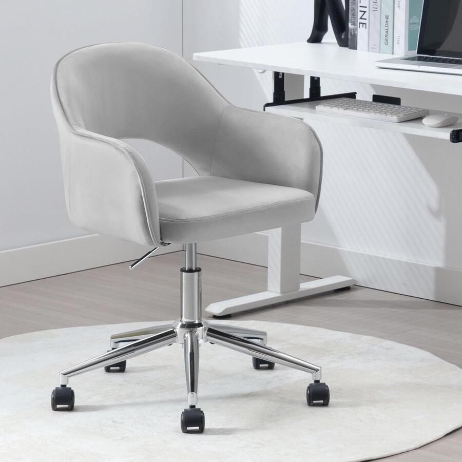 Bureaustoel in hoogte verstelbaar draaistoel met wieltjes make-uptafelstoel thuiskantoorstoel managersstoel met armleuningen gevoerd van fluweel metaal lichtgrijs BS148hgr