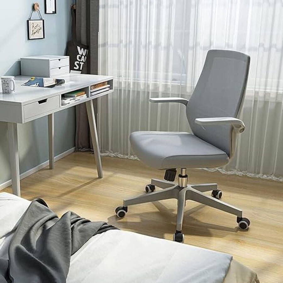 Bureaustoel Kantoor Ergonomisch Draaibare en in hoogte verstelbaar Ademende mesh rugleuning en lendensteun 90 ° opklapbare armleuning Grijs