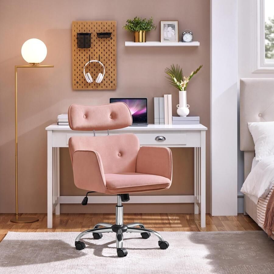 Homeoffice Stoel make-uptafelstoel met in hoogte verstelbare hoofdsteun draaistoel bureaustoel met armleuningen fluwelen zitting mobiele gestoffeerde stoel tot 136 kg belastbaar roze