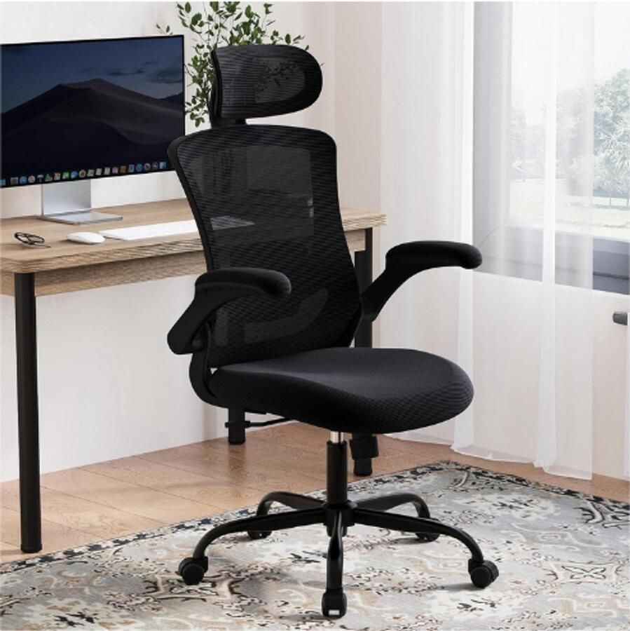 Bureaustoel Mesh Computerstoel Met Verstelbare Hoofdsteun En Lendensteun Ergonomische Werkstoel Met Opklapbare Armleuning 140 Graden Kantelfunctie Volledig Zwart