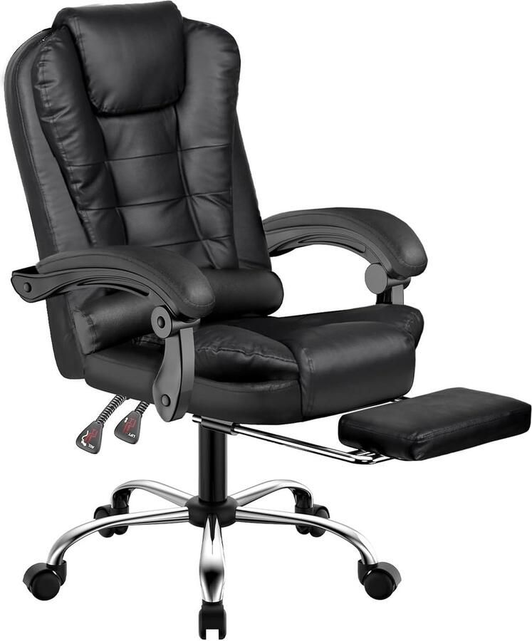 Bureaustoel met telescopische voetsteun Bureaustoel met grote gewatteerde zitting Ergonomische bureaustoel met verstelbare rugleuning en in hoogte verstelbaar Stille wielen Zwart