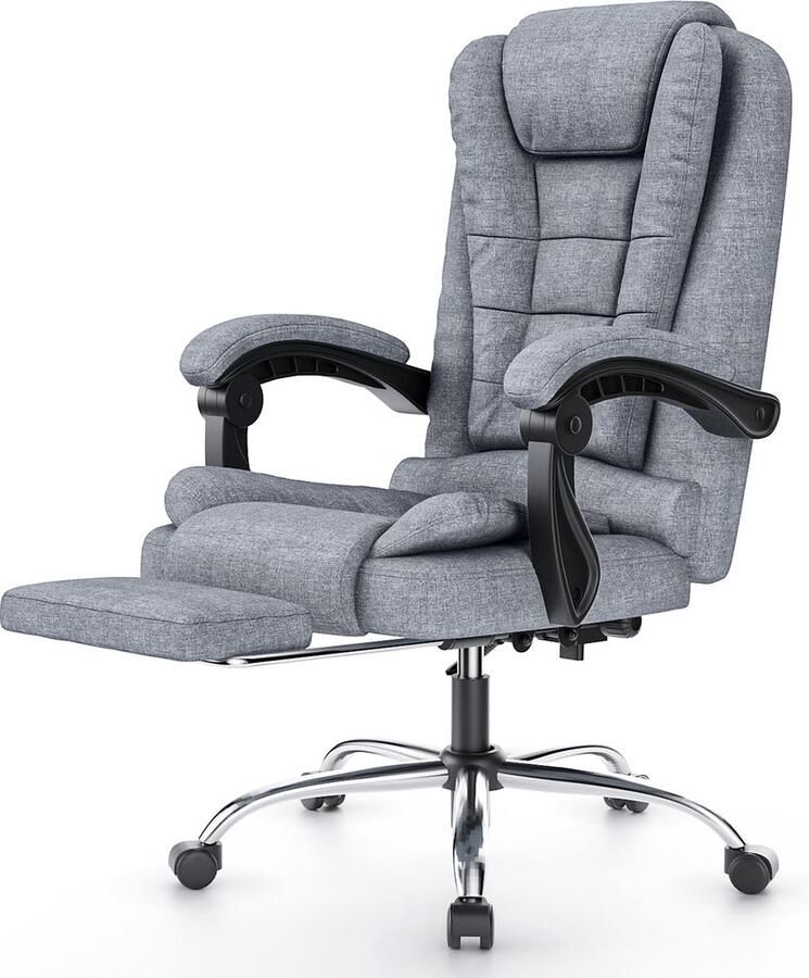Bureaustoel met telescopische voetsteun Bureaustoel met grote gewatteerde zitting Ergonomische bureaustoel met verstelbare rugleuning en in hoogte verstelbaar Stille wielen Grijs
