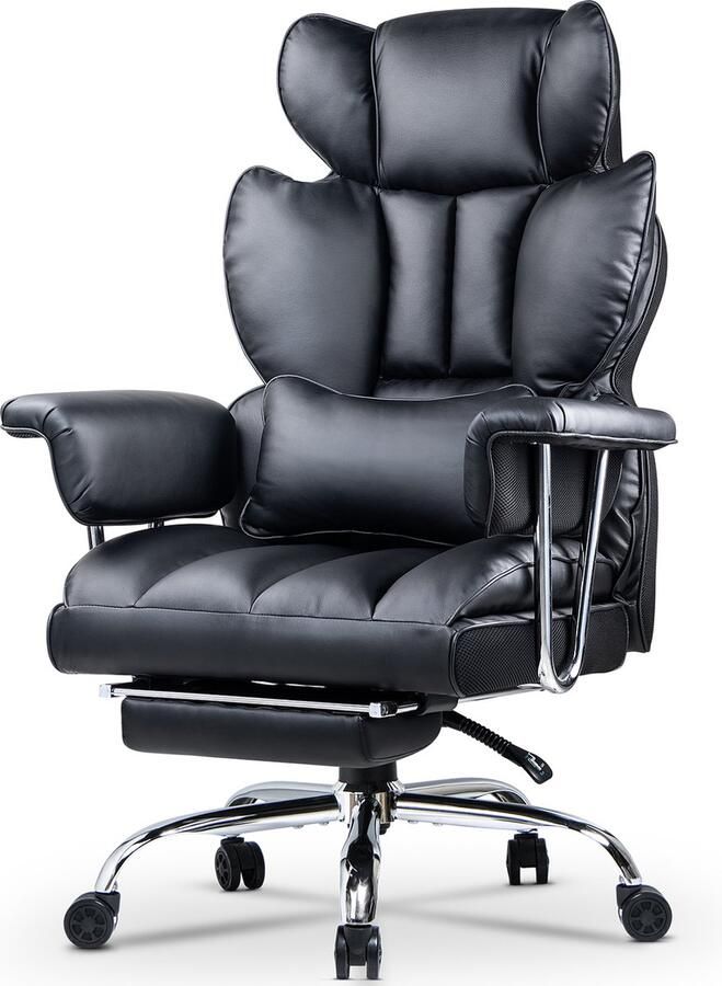 BIGZZIA Bureaustoel met telescopische voetsteun Ergonomische bureaustoel met grote gewatteerde zitting en lendensteunkussen verstelbare rugleuning en in hoogte verstelbaar PU zwart