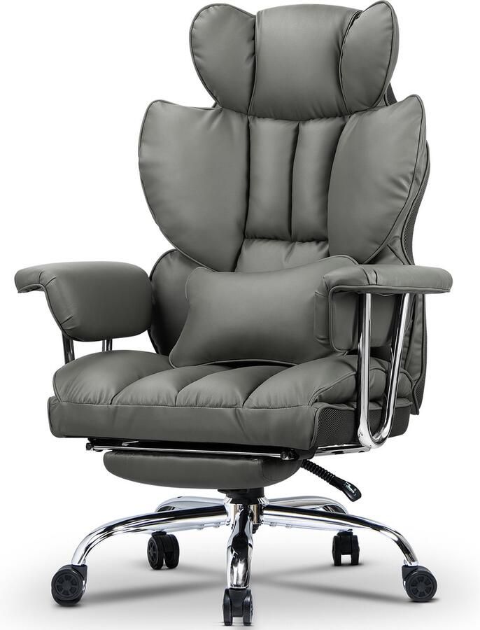 Bureaustoel met telescopische voetsteun BIGZZIA Ergonomische bureaustoel met grote gewatteerde zitting en lendensteunkussen verstelbare rugleuning en in hoogte verstelbaar PU Grijs