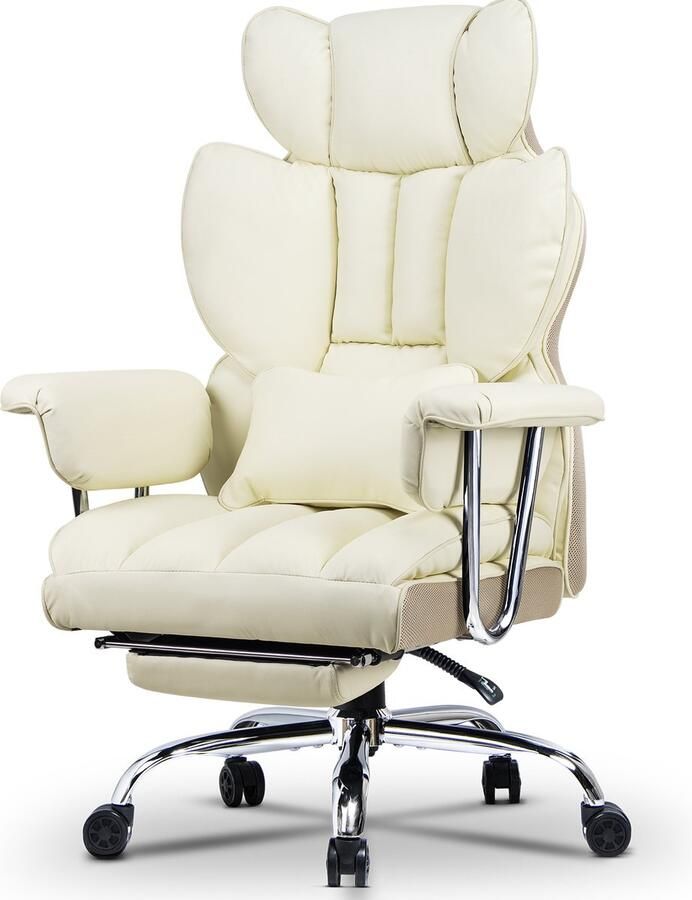 Bureaustoel met telescopische voetsteun BIGZZIA Ergonomische bureaustoel met grote gewatteerde zitting en lendensteunkussen verstelbare rugleuning en in hoogte verstelbaar PU beige