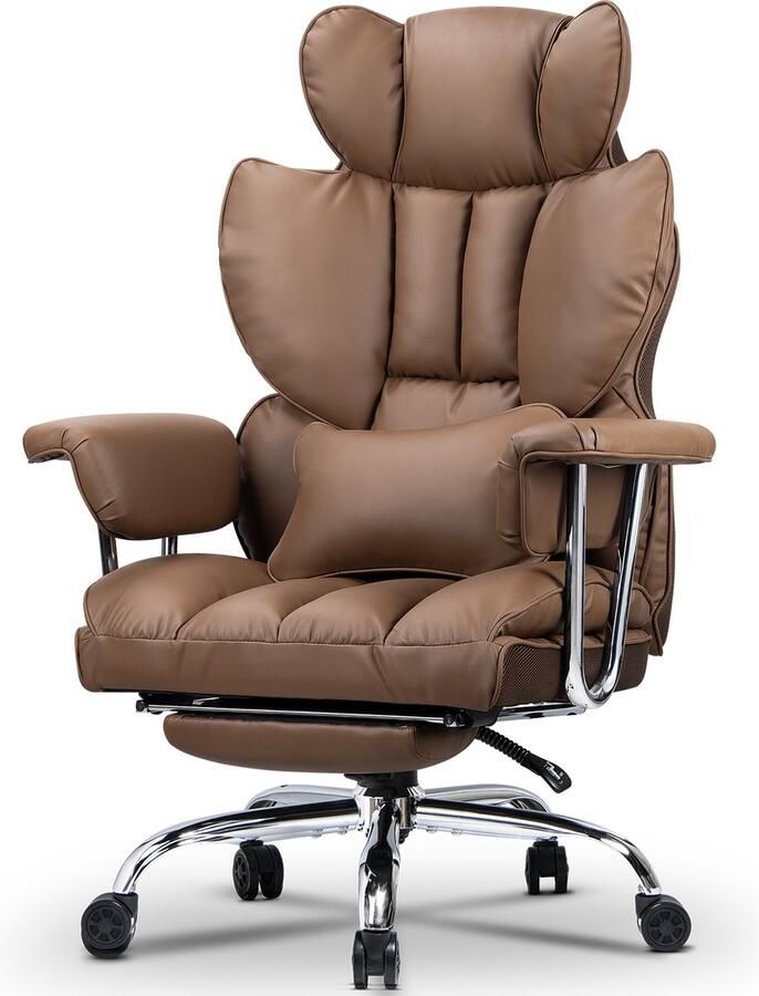 Bureaustoel met telescopische voetsteun BIGZZIA Ergonomische bureaustoel met grote gewatteerde zitting en lendensteunkussen verstelbare rugleuning en in hoogte verstelbaar PU Bruin