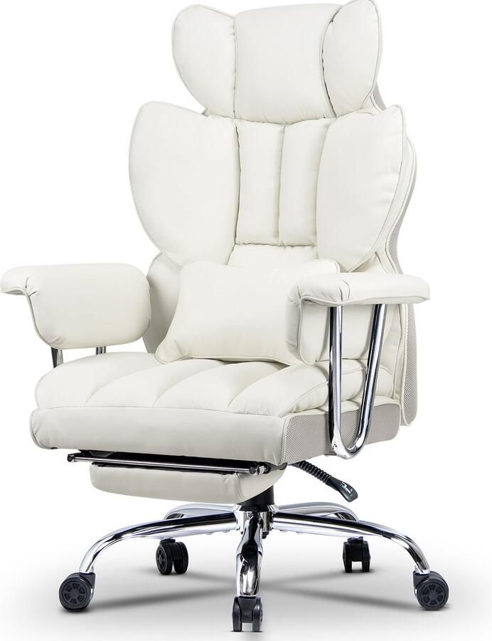 Bureaustoel met telescopische voetsteun BIGZZIA Ergonomische bureaustoel met grote gewatteerde zitting en lendensteunkussen verstelbare rugleuning en in hoogte verstelbaar PU wit