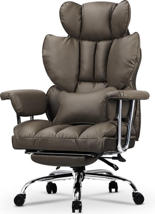 Bureaustoel met telescopische voetsteun BIGZZIA Ergonomische bureaustoel met grote gewatteerde zitting en lendensteunkussen verstelbare rugleuning en in hoogte verstelbaar PU kaki