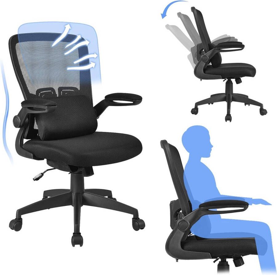 Bureaustoel netstof draaistoel met lendensteun verstelbare rugleuning en armleuning ergonomische computerstoel bureaustoel voor werk en studie zwart